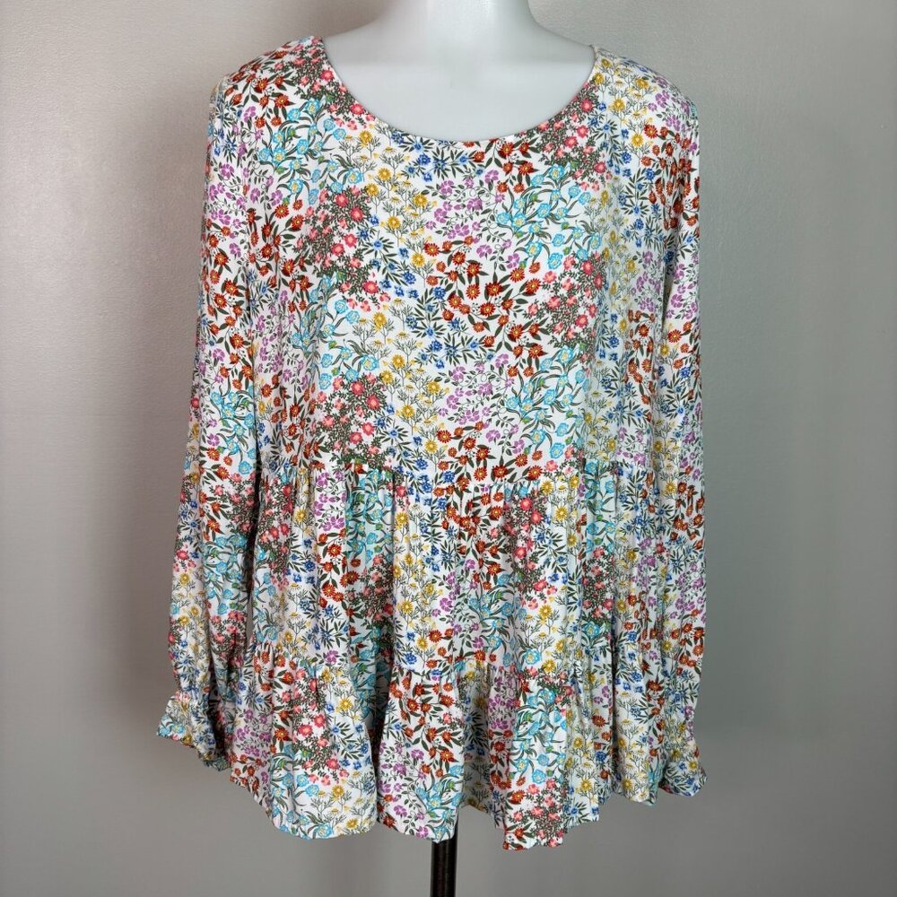 Jane & Delancey Top Large Multicolor Floral Tiered Babydoll Blouse Women's